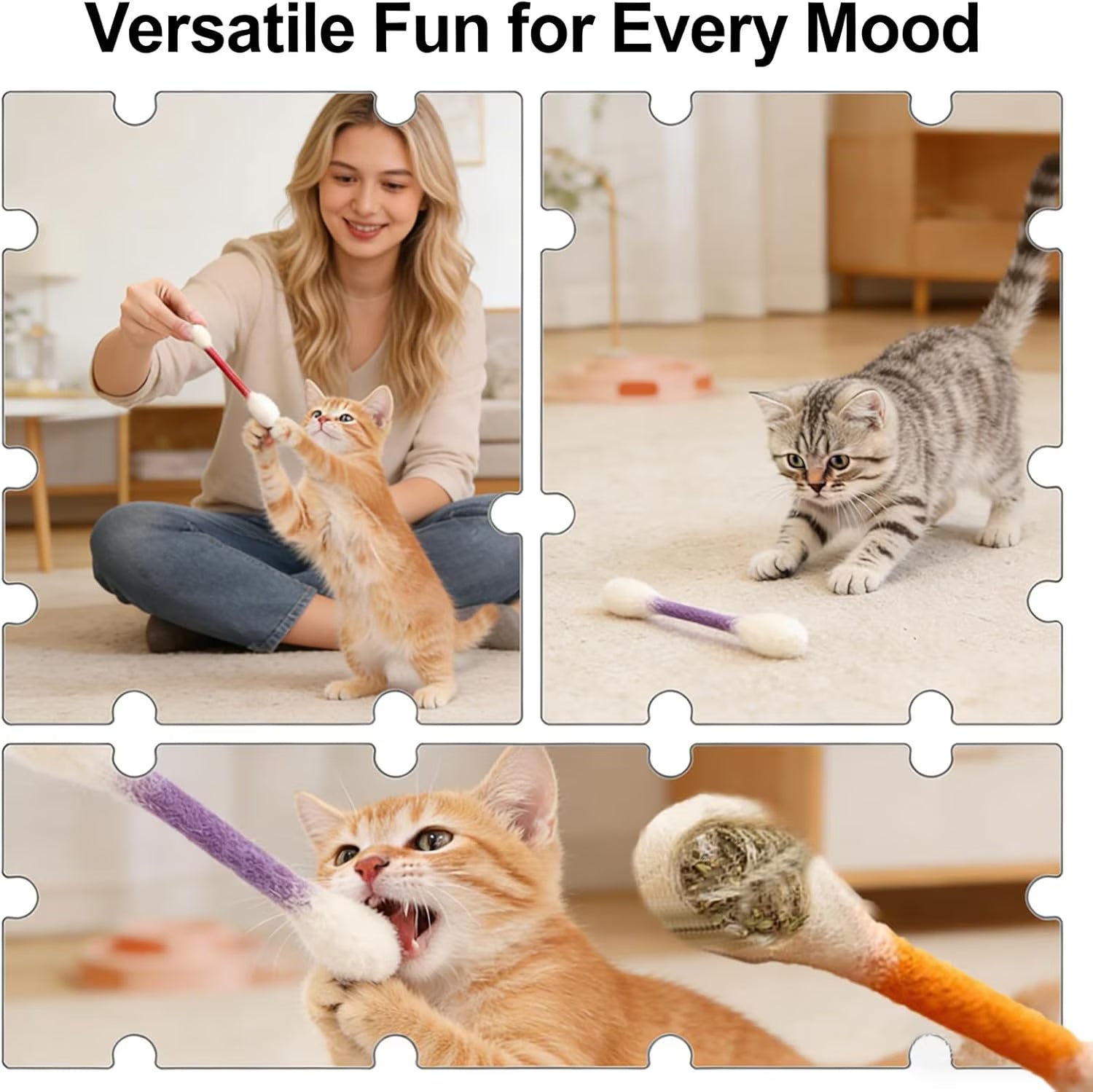 Cat Q Tip Toy, Cotton Swabs Cat Toys with Catnip, 6 Pk Giant Q Tip Cats Toy for Boredom Durable Dental Teething Ropes, Big Interactive Felt Kitty Kicker Play Lover Gift Accessories, #01_Beige-S