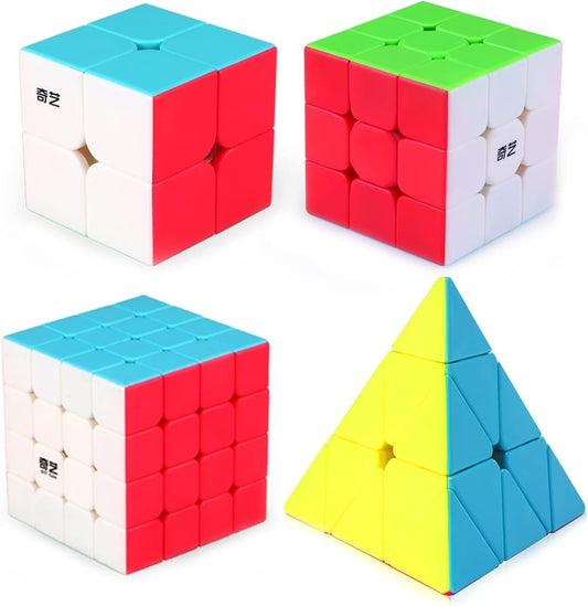 4 Pack Speed Cube Set, Speed Cube 2X2 3X3 4X4 Pyramid Magic Cubes Brain Teaser