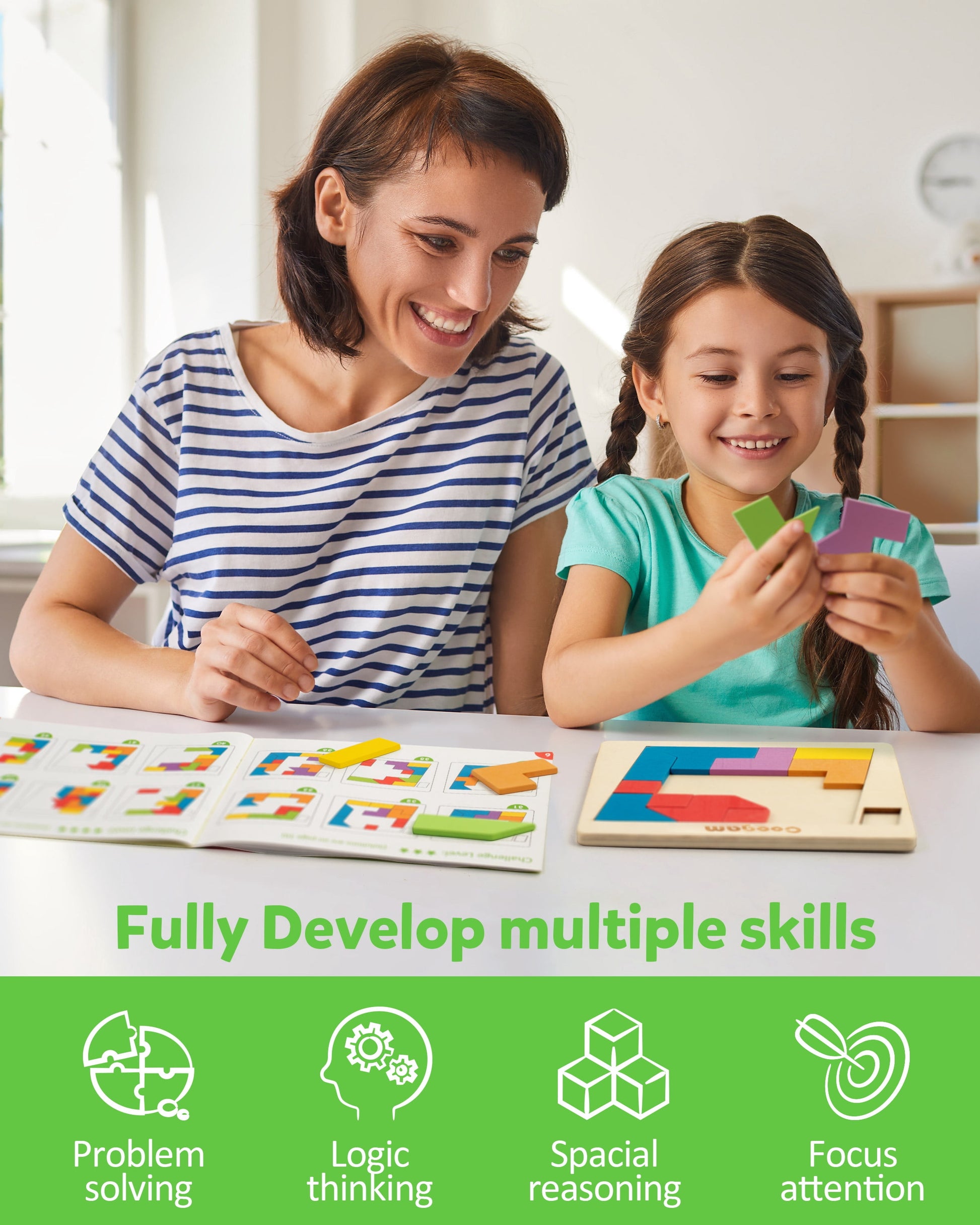 3D Wooden Geometric Tangram Brain Teasers for Kids Jigsaw Puzzles