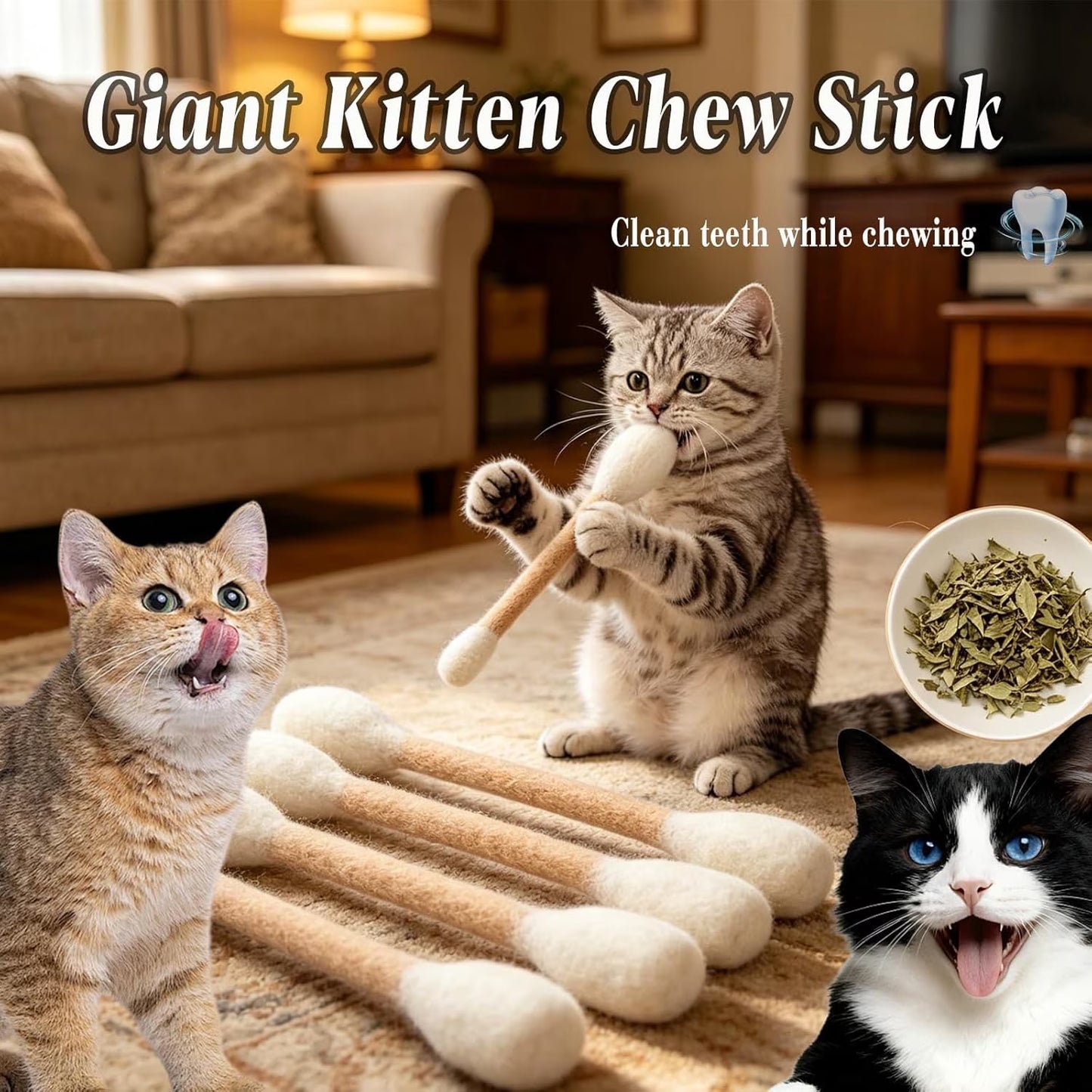 Cat Q Tip Toy, Cotton Swabs Cat Toys with Catnip, 6 Pk Giant Q Tip Cats Toy for Boredom Durable Dental Teething Ropes, Big Interactive Felt Kitty Kicker Play Lover Gift Accessories, #01_Beige-S